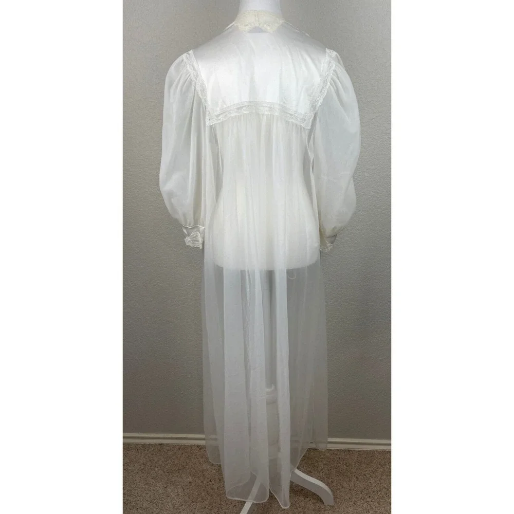 Vtg Miss Elaine CHIFFON PEIGNOIR Robe HOUSECOAT Large White Sheer Union Made USA